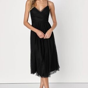 Lulu's Sweet Serenade Black Tulle Swiss Dot Surplice Midi Dress